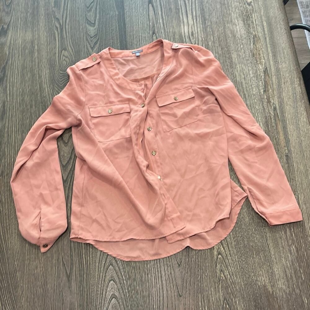 Charlotte Russe Womens Button-Up Blouse Long Sleeve Chest Pocket Pink Size M